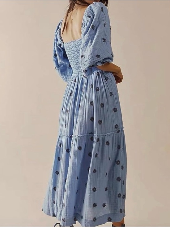 Dresses & Skirts - Smocked Back Puff-Sleeve Maxi Dress - Light Blue